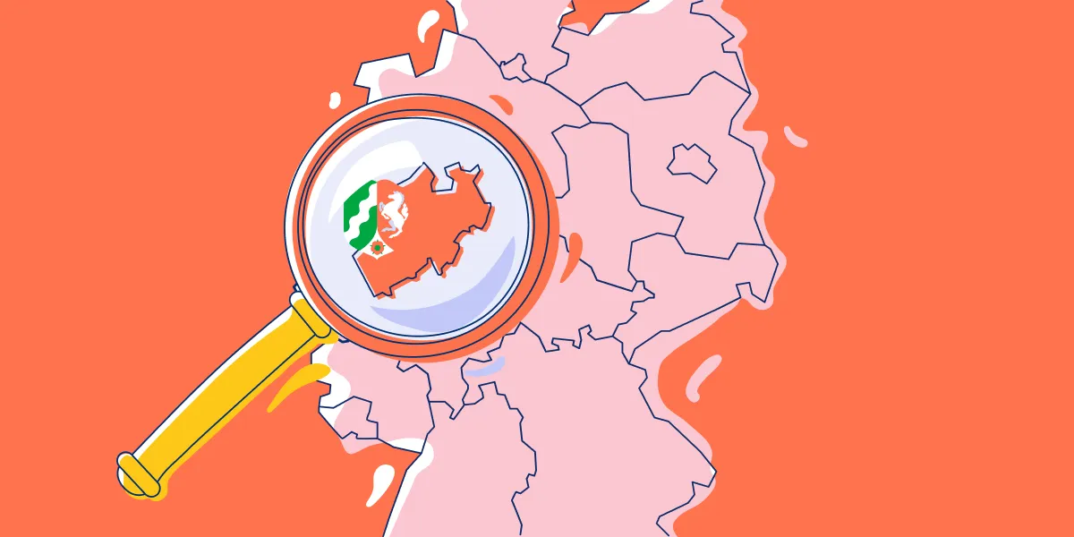 Illustrated magnifying glass zooming into a highlighted region on a stylized map of Germany, with a small flag icon visible inside the lens.